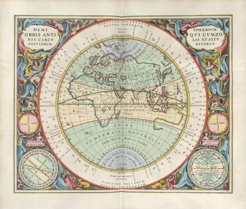 E67 HEMISPHAERIVM ORBIS ANTIQVI CVM ZONIS CIRCVLIS ET SITV POPVLORUM DIVERSO