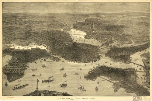E70 - Birds Eye View of Boston United States by T Sulman in 1870
