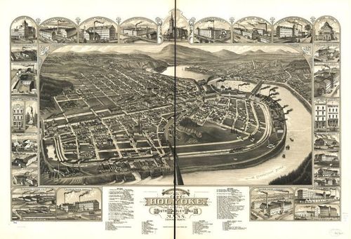 E70 - Birds Eye View of the City of Holyoke and Village of South Hadley Falls Massachusetts by Beck and Pauli in 1881 