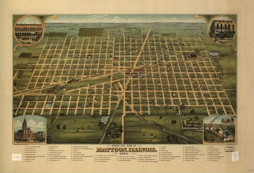 E74 - Birds Eye View of Mattoon Illinois - JW Smith  - 1884