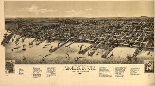 E78 - A Birds Eye View of the City of Ashland Wisconsin County Seat of Ashland County - Beck and Pauli - 1886