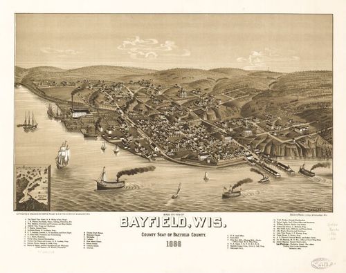 E78 - Birds Eye View of Bayfield Wisconsin County Seat of Bayfield County - Beck and Pauli - 1886