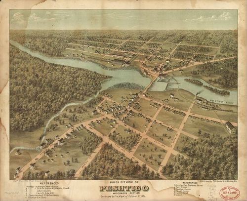 E78 - Birds Eye View of Peshtigo Wisconsin Sept - Charles Shober and Co - 1871