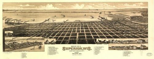E78 - Birds Eye View of Superior Wisconsin County Seat of Douglas County - Beck and Pauli - 1883