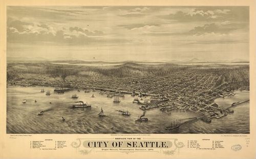 E79 - Birds Eye View of the City of Seattle Puget Sound Washington Territory - AL Bancroft - 1878