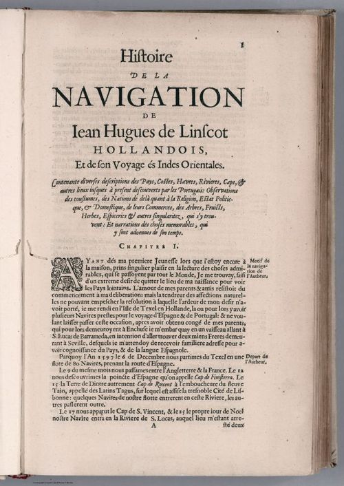 E99 - Section Title and Text: Histoire de la Navigation de Iean Hugues de Linscot ... Indes Orientales.