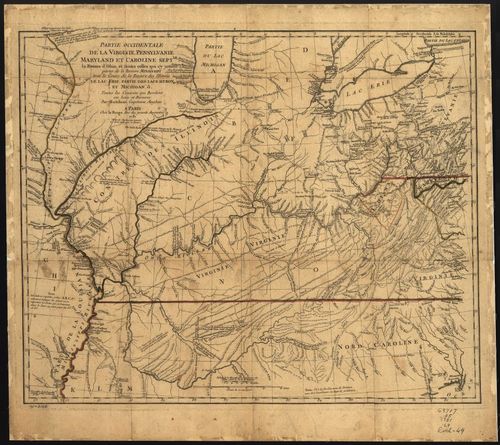 E109 - Partie occidentale de la Virginie, Pensylvanie, Maryland, et Caroline Septle. la rivière d'Ohio, et toutes celles qui s'y jettent, partie de la Rivière Mississippi, tout le cours de la rivière de Illinois, le Lac Erie, partie des Lacs Huron et Michigan &. toutes les contrées qui bordent ces lacs et rivières,