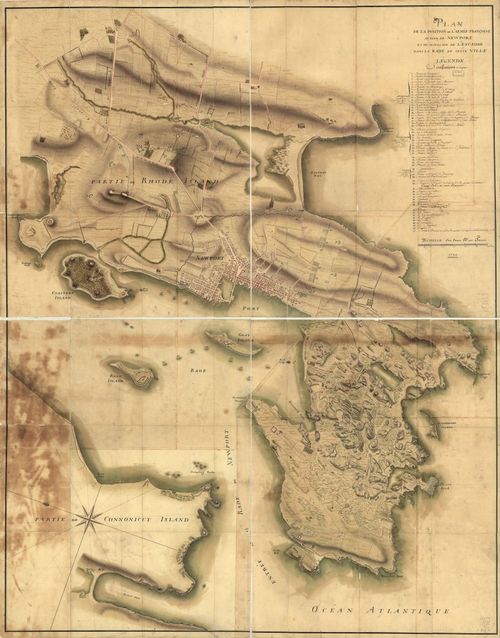 E109 - Plan de la position de l'armée françoise autour de Newport et du mouillage de l'escadre dans la rade de cette ville.