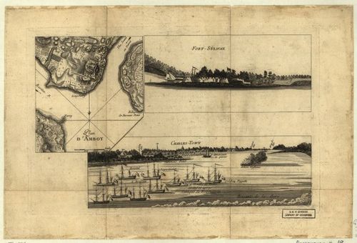 E109 - [Plan d'Amboy. Vues de la rade de Charles-Town et de Fort Sulivan, mai 1780.