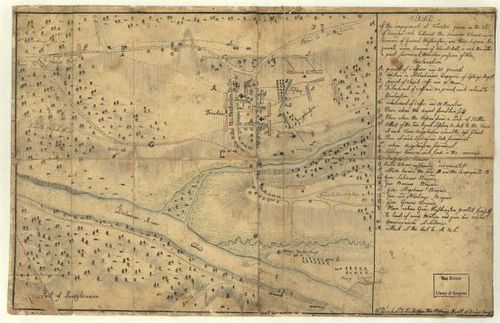 E109 - Sketch of the engagement at Trenton, given on the 26th of December 1776 betwixt the American troops under command of General Washington, and three Hessian regiments under command of Colonell Rall, in which the latter a part surrendert themselves prisoner of war.
