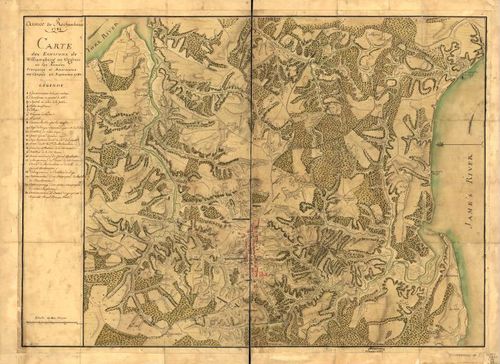 E109 - Armée de Rochambeau, 1782. Carte des environs de Williamsburg en Virginie où les armées françoise et américaine ont campés en Septembre 1781.