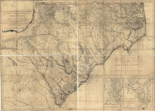 E109 - [An accurate map of North and South Carolina, with their Indian frontier, shewing in a distinct manner all the mounta]ins, rivers, swamps, marshes, bays, creeks, harbours, sandbanks and soundings on the coasts; with the roads and Indian paths; as well as the boundary or provincial lines, the several townships, and other divisions of the land in both the provinces;