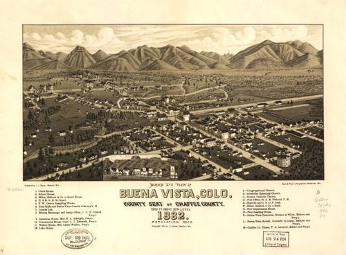 E112 - Birds eye view of Buena Vista Colorado county seat of Chaffee County - 1882