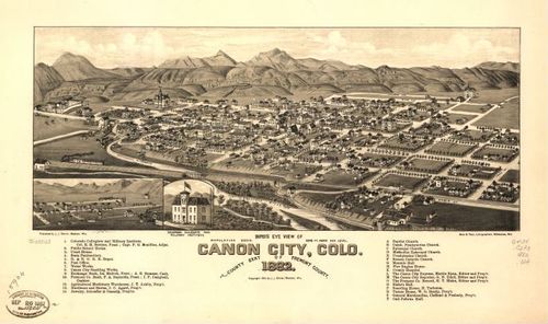 E112 - Birds eye view of Canon City Colorado county seat of Fremont County - 1882