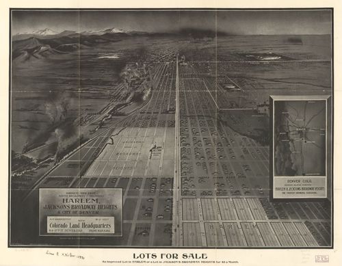 E112 - Birds eye view from South Broadway showing Harlem Jacksons Broadway Heights and city of Denver