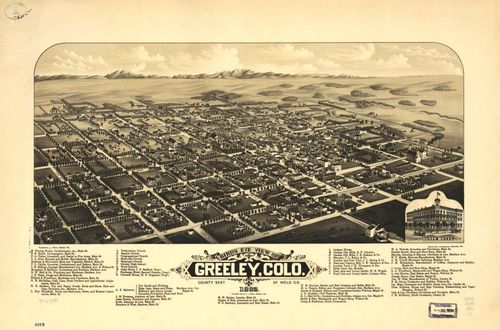 E112 - Birds eye view of Greeley Colorado county seat of Weld Co - 1882