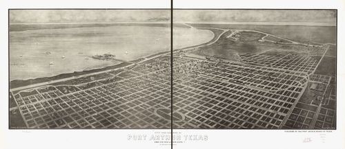 E113 - City and harbor of Port Arthur Texas birds eye view looking south to the Gulf of Mexico