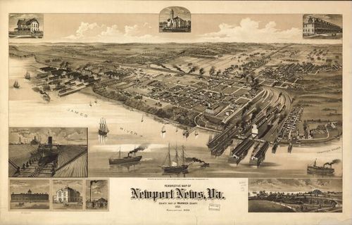 E118 - Perspective map of Newport News Virginia county seat of Warwick County - 1891