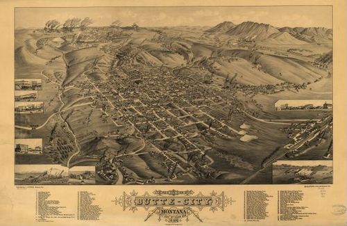 E129 - Birds eye view of Butte-City Montana county seat of Silver Bow Co - 1884