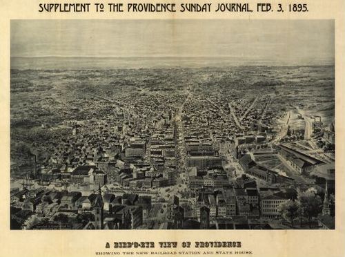 E131 - A birds-eye view of Providence showing the new railroad station and State House 