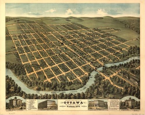 E133 - Birds-eye view of Ottawa the largest city of its age in Kansas - 1872