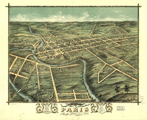 E135 - Birds eye view of the city of Paris Bourbon County Kentucky - 1870