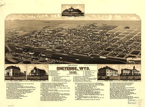 E145 - Birds eye view of Cheyenne, Wyoming county seat of Laramie Co - 1882
