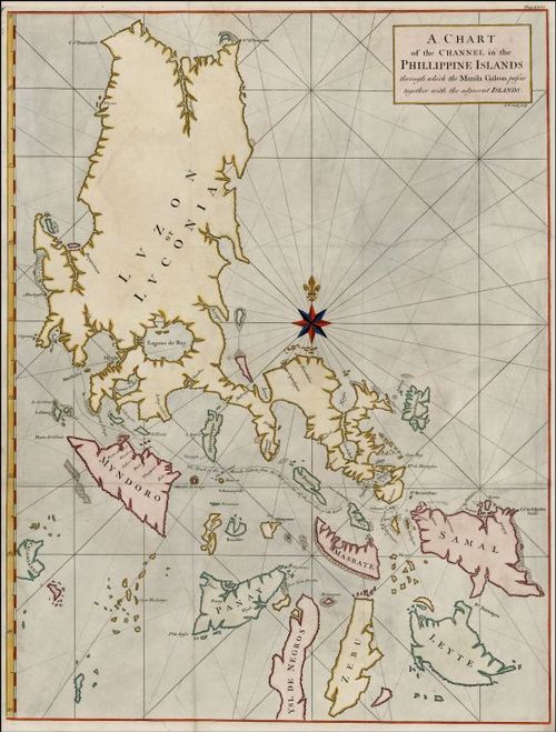 E167 - A Chart of the Channel in the  Philipine Islands Through which  the Manila Galeon passes, with  a Map of Manila Island from the London Magazine, published by Richard Baldwin