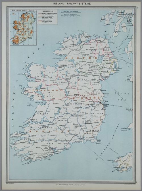 E222 - 1907 Ireland Railroad Map Leinster Munster Connaught Belfast