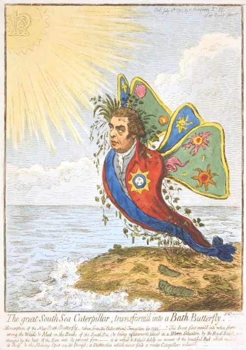 The Great South Sea Caterpillar, Transform'd into a Bath Butterfly